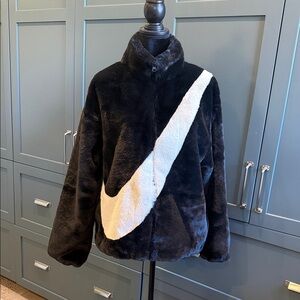 Nike women’s Black Fossil Faux Fur Full Zip Jacket with White Swoosh